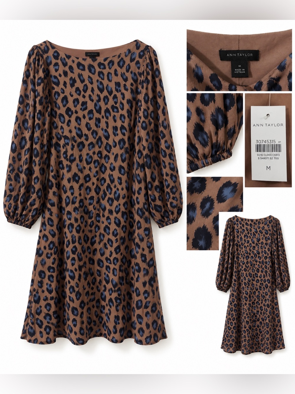 Ann Taylor Brown Leopard Print Mini Dress with Blue Spots